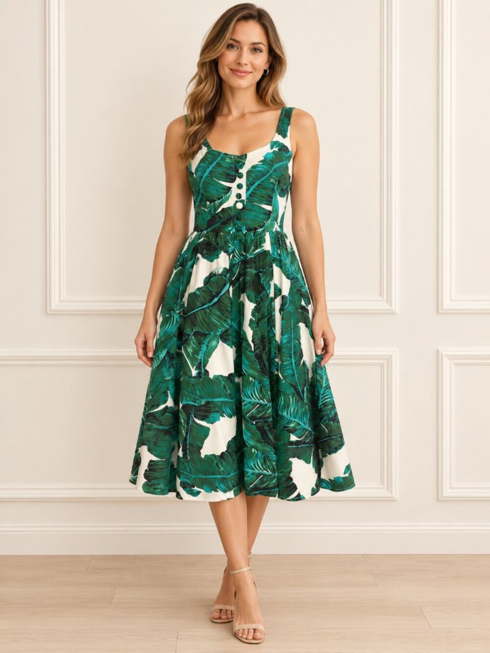 NWT Belle Poque Tropical Leaf Fit & Flare Midi Dress Size S